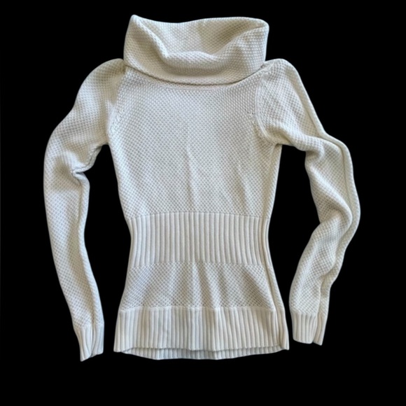 Sasch Sweaters - Waffle Knit Cinch Waist White Turtleneck Sweater.
